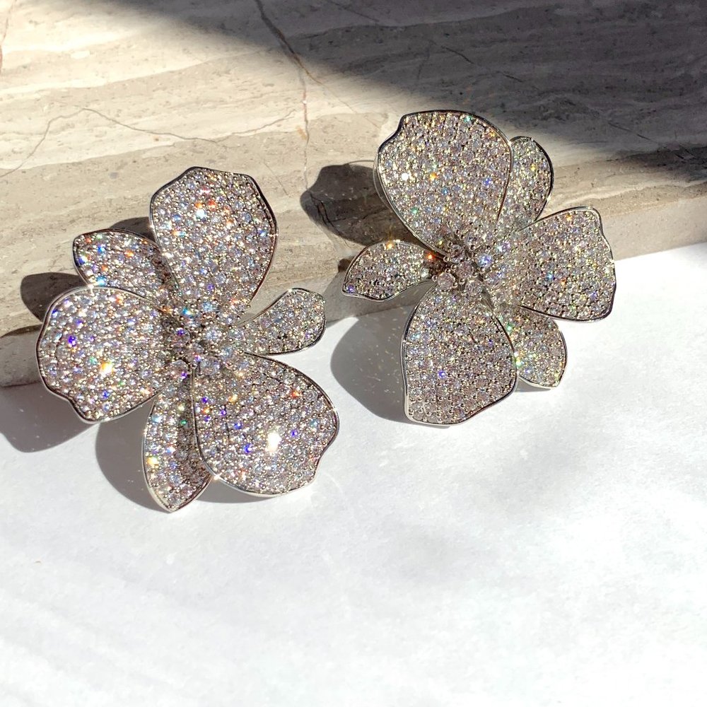 Anthropologie Sparkling Crystal Flower Statement Earrings - Silver Tone